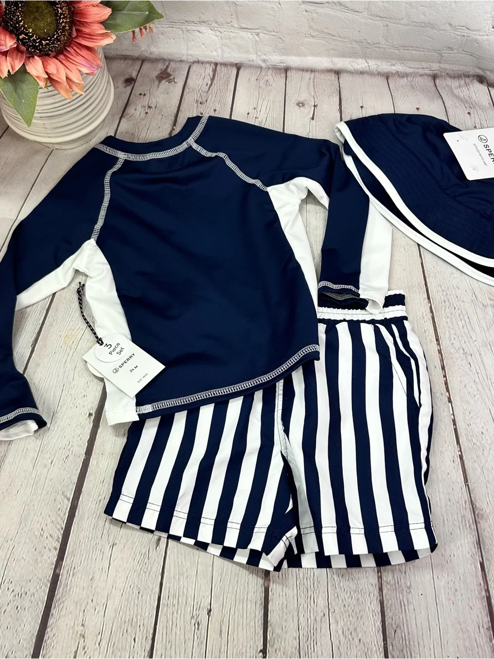 NWT Sperry Navy Rashguard swim trunks & hat 3pc Set 24M nautical beach swimwear